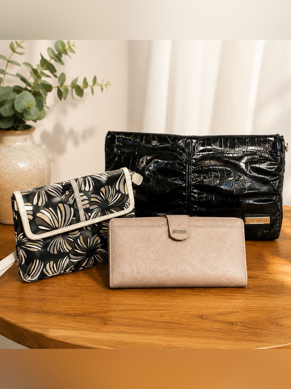 Relic Three Piece Set - Clutch, Crossbody, and Rose Gold Tone Wallet